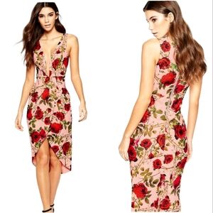Nwot Ginger Fizz Sleeveless Plunging V Peach/Red Roses Asymmetrical Midi…